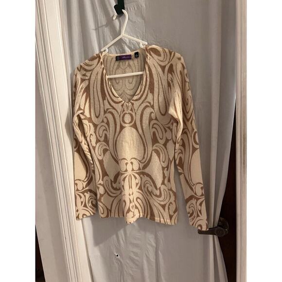 Saks 5th Avenue Cream Brown 100% Cashmere Sweater Size S Soft Luxurious - Picture 1 of 5